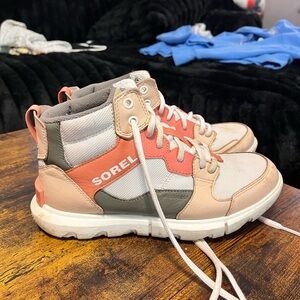 Sorel High-Top Sneakers in Coral, Gray, and Beige